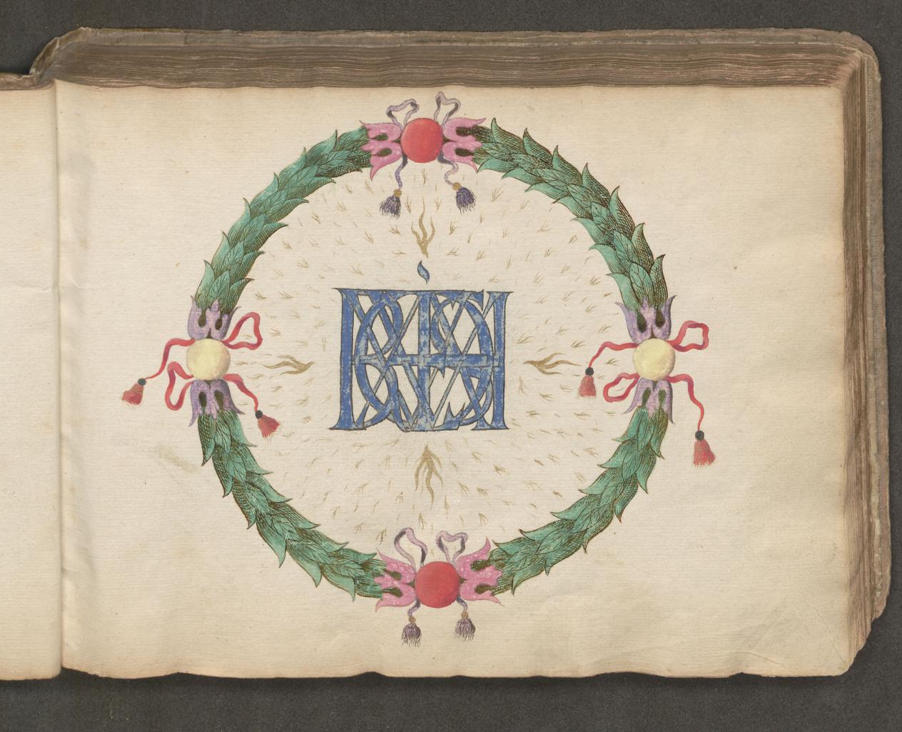 Lauwerkrans met monogram namen verloofden uit 17de-eeuws liedboek