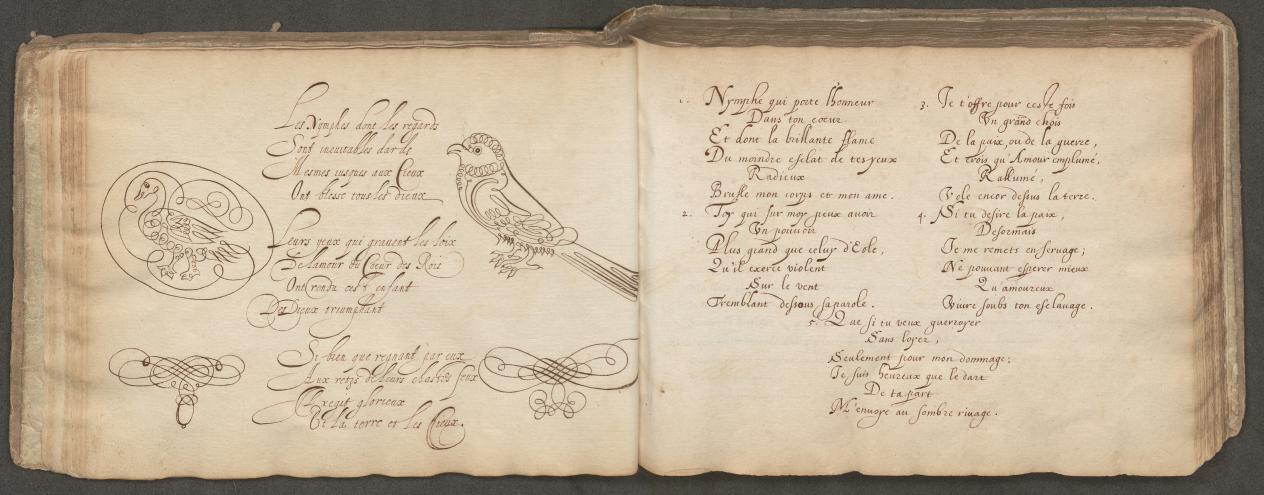 Detail uit 17de-eeuws liedboek: schoonschrift met pentekeningen 