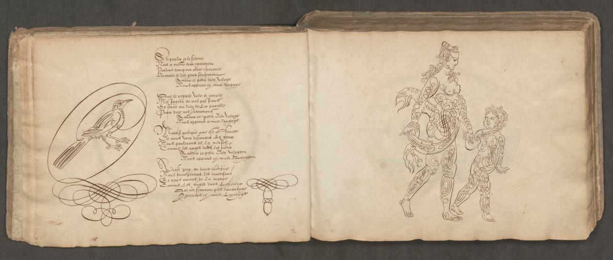 Twee pagina's uit sierlijk gekalligrafeerd 17de-eeuws liedboek