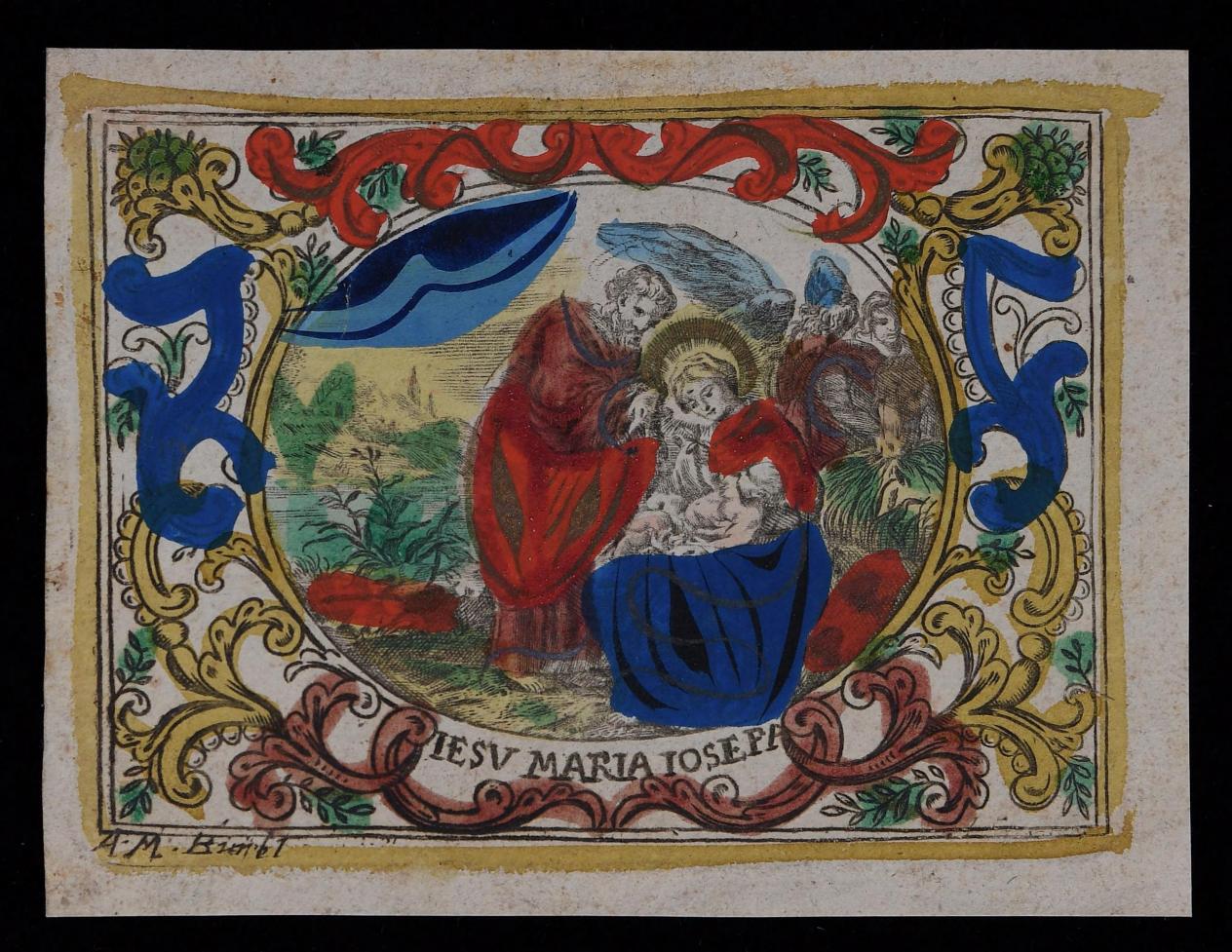 Kleurrijk gegraveerd devotieprentje met de Geboorte van Maria