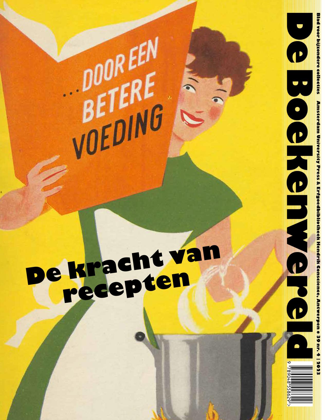 Cover van het tijdschrift De boekenwereld: De kracht van recepten (Vrouw houdt met ene hand kookboek vast en roert met de andere hand in de kookpot)