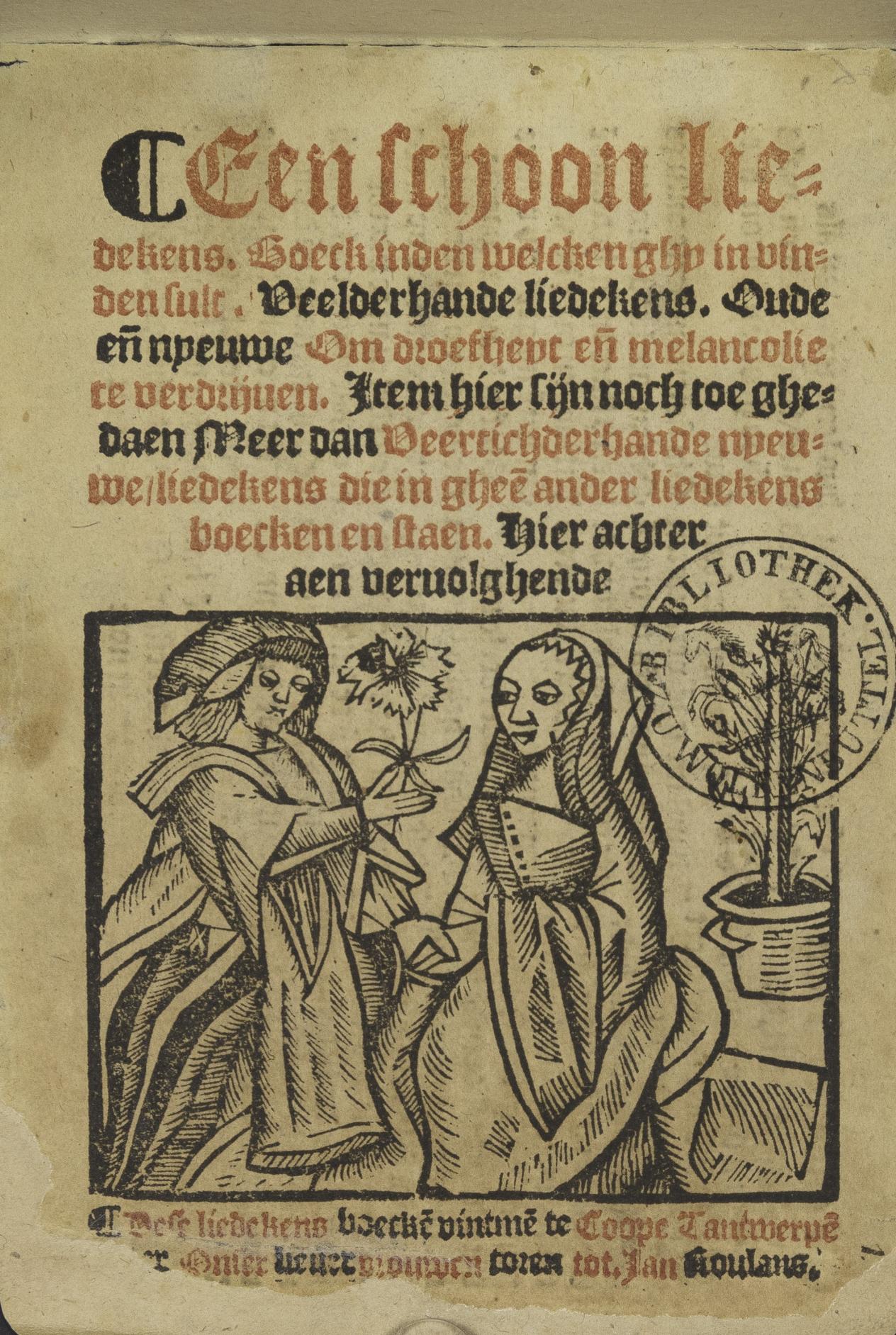 Geïllustreerde bladzijde van het Oud Antwerps Liedboek