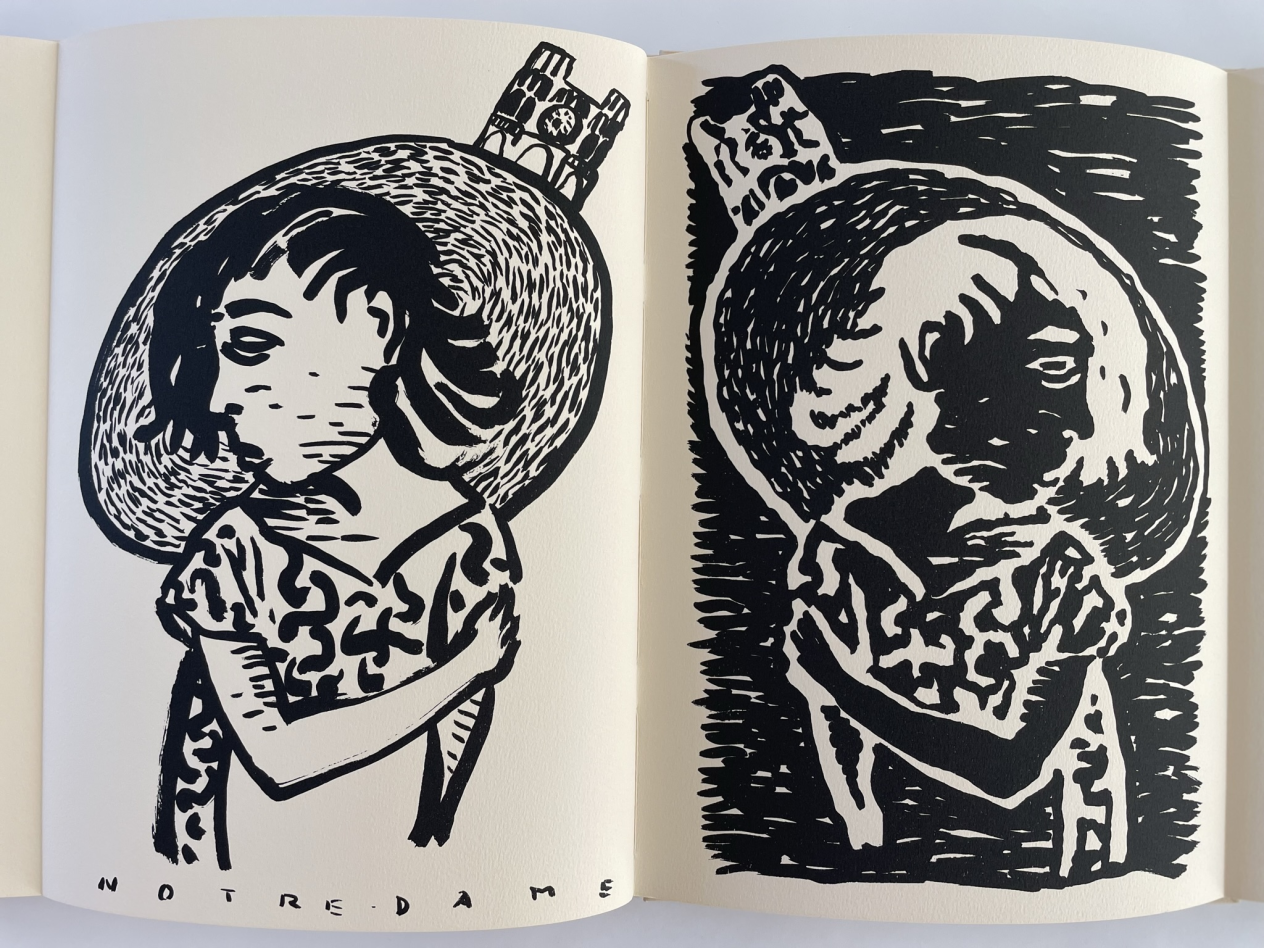 positieve en negatieve versie van Pepermans’ tekening van een jonge vrouw met de Notre-Dame op de achtergrond