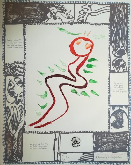expressieve litho in zwart, wit, groen, rood. 