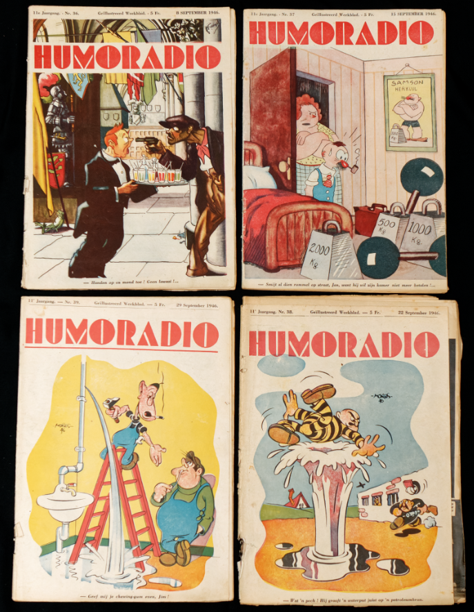 vier geïllustreerde covers van Humoradio