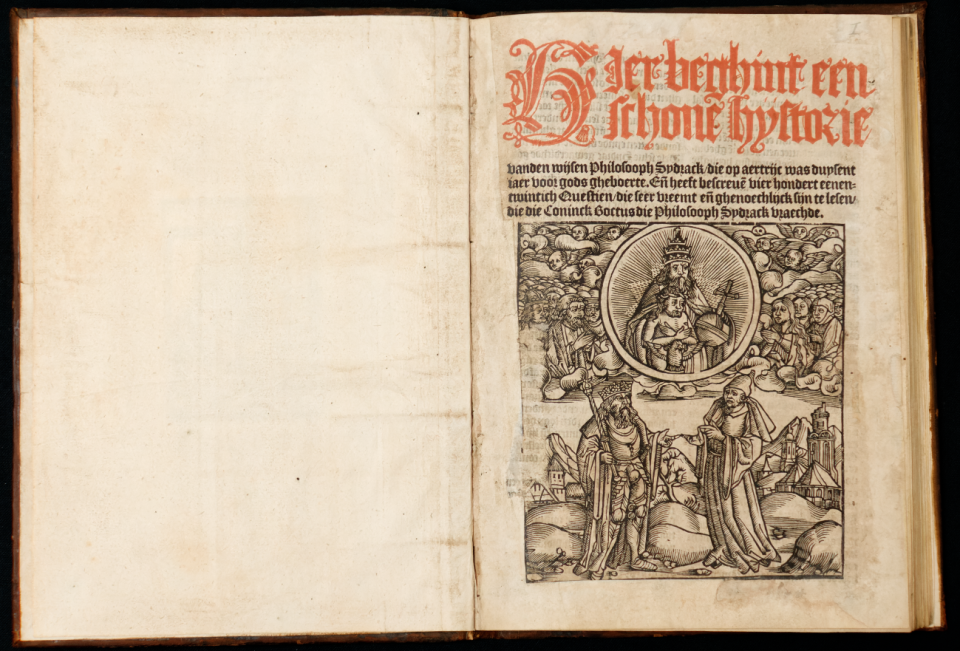 Handschrift, met rode titel en zwarte illustratie. 