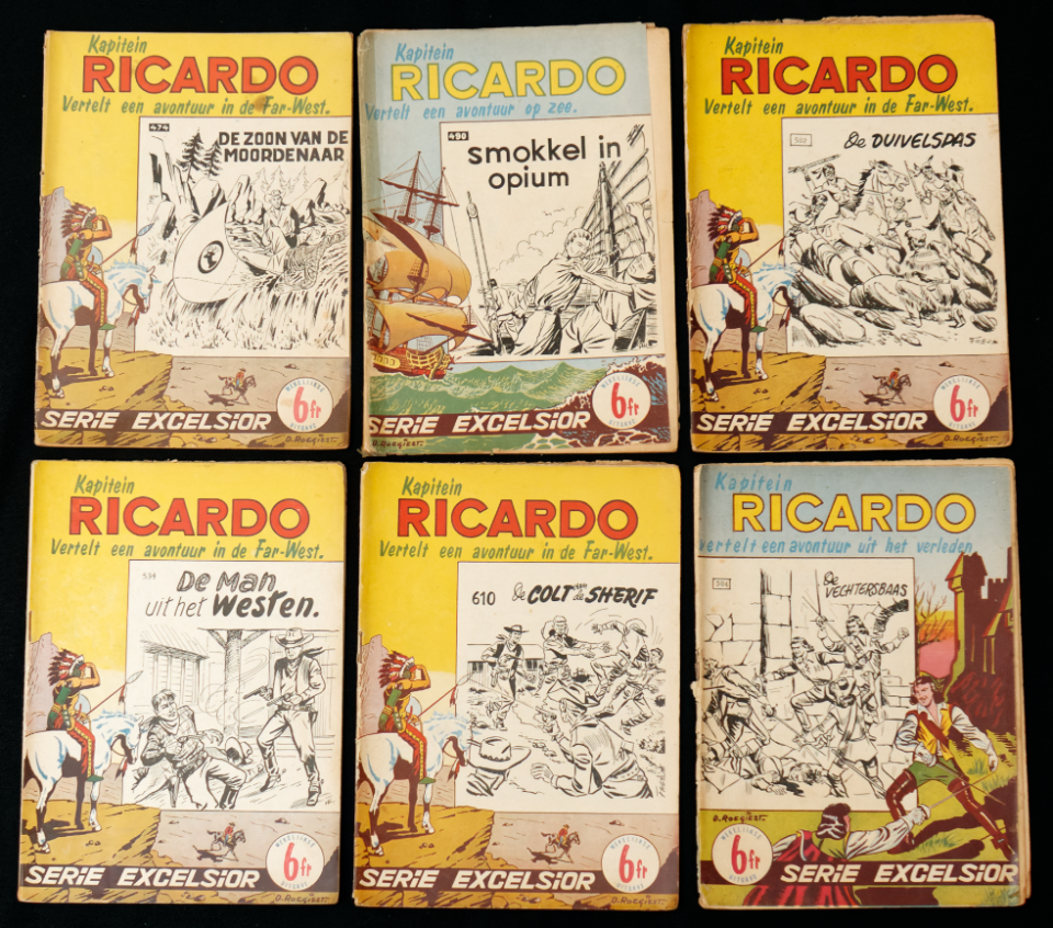 Zes geïllustreerde covers van kapitein Ricardo 