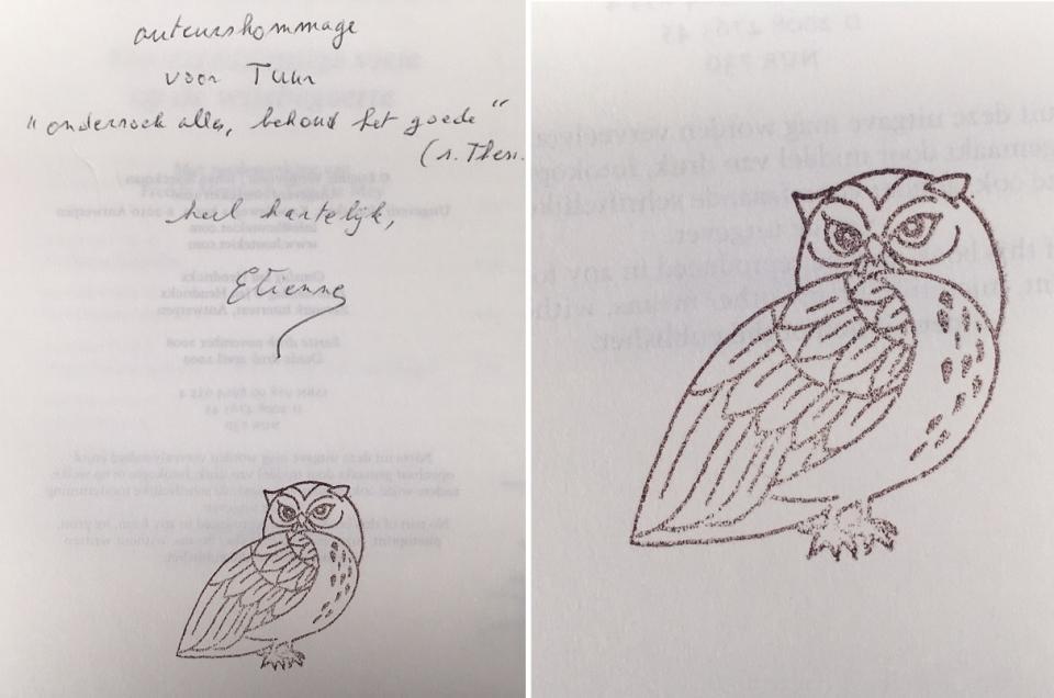 Boek, gesigneerd door Wallendael met gestempelde ex libris uil 