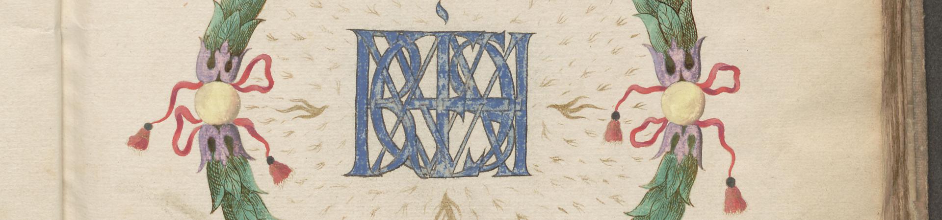 Lauwerkrans met monogram namen verloofden uit 17de-eeuws liedboek