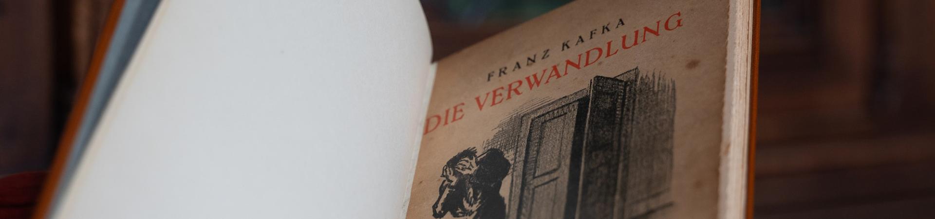 Zwart-wit geïllustreerd titelblad van eerste druk van Die Verwandlung