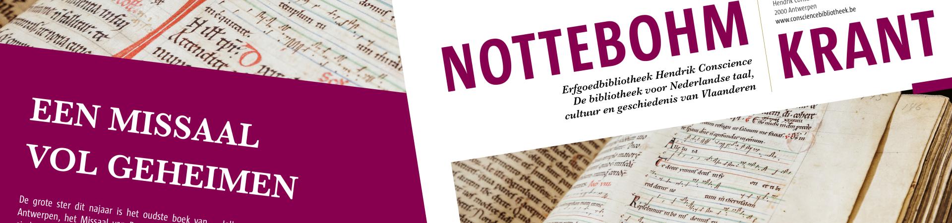 Twee uitsneden uit voorpagina Nottebohmkrant met stukje uit introtekst en detailfoto Missaal