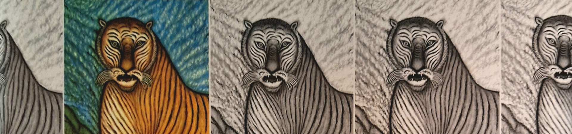 Uitsnede cover De Sporen van Hugo Claus met illustratie tijger in kleur en in zwart-wit