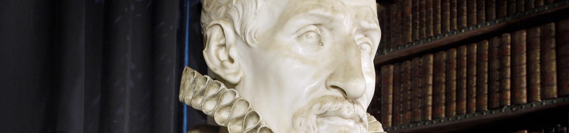 Borstbeeld van Plantin op polyglotbijbel in Nottebohmzaal 