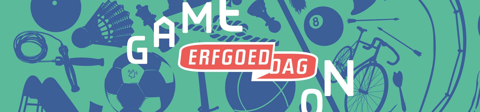 Campagnebeeld Erfgoeddag 2025 met verschillende sportgerelateerde illustraties