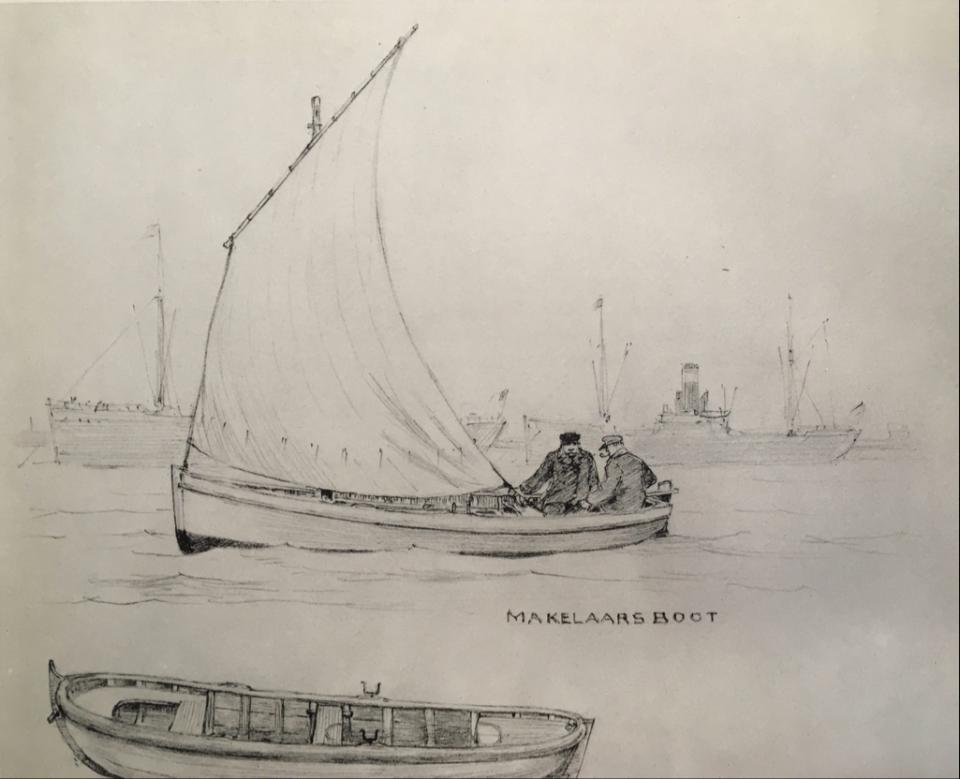 Schets van een ‘makelaarsboot’, het type boot dat vroeger in het Margueriedok voor het Loodswezen aanmeerde en gebruikt werd om de scheepsmakelaar aan boord te brengen van aankomende schepen. Scan uit Schepen op de Schelde : binnenvaartuigen en vissersschepen op de Schelde omstreeks 1900 (https://anet.be/record/opacehc/c:lvd:1023968/N), &nbsp;afb. 40.