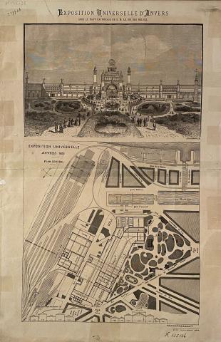 ingang en kaart van Wereldtentoonstelling in Antwerpen, 1885