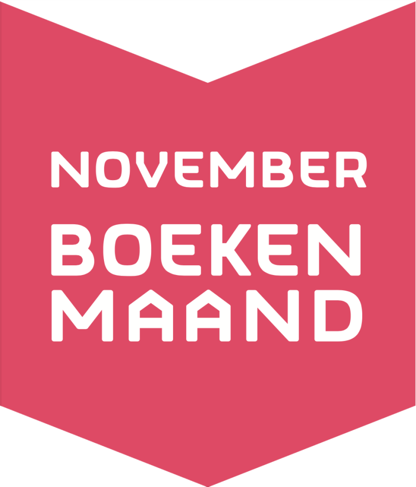 Label November Boekenmaand in vorm van openstaand boek