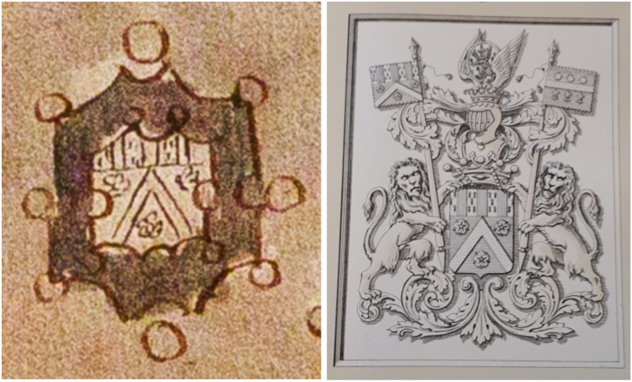 twee afbeeldingen, één toont het wapen uit Vele wonderbaere gheschiedenissen, de ander het wapenschild van de familie Van Havre.