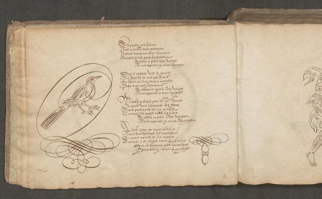 Twee pagina's uit sierlijk gekalligrafeerd 17de-eeuws liedboek