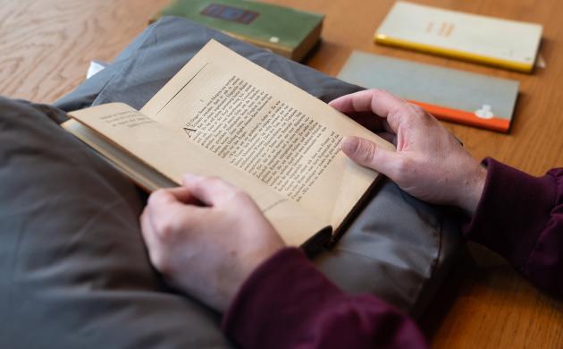 Opengeslagen boek Die Verwandlung op kussen (boek gemanipuleerd door handen)