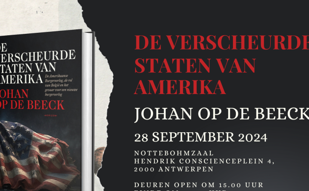 Promotiebeeld boekvoorstelling met cover 'De verscheurde staten van Amerika'