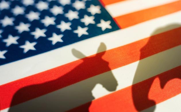 Detail Amerikaanse vlag met profielschaduwen van miniatuur ezel en olifant 