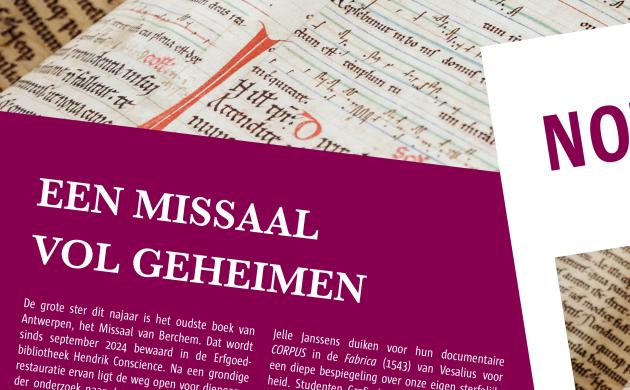 Twee uitsneden uit voorpagina Nottebohmkrant met stukje uit introtekst en detailfoto Missaal