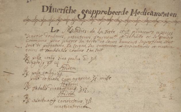 Handgeschreven bladzijde uit vroegmodern werk over anatomie