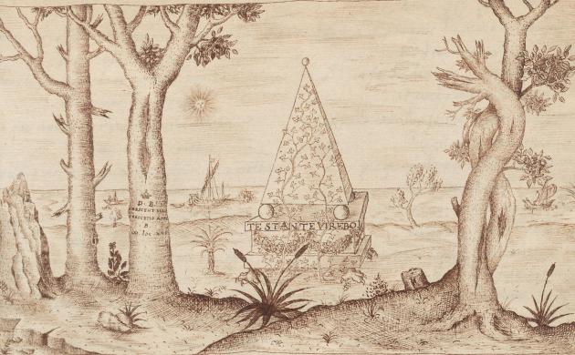 Pentekening piramide met citaat "Te stante virebo" uit 17de-eeuws liedboek