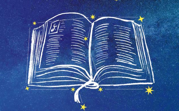 Campagnebeeld Museumnacht: Sterrenbeeld Erfgoedbibliotheek Hendrik Conscience: lijntekening boek met sterrenhemel op achtergrond