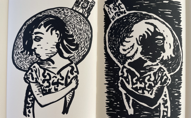 positieve en negatieve versie van Pepermans’ tekening van een jonge vrouw met de Notre-Dame op de achtergrond