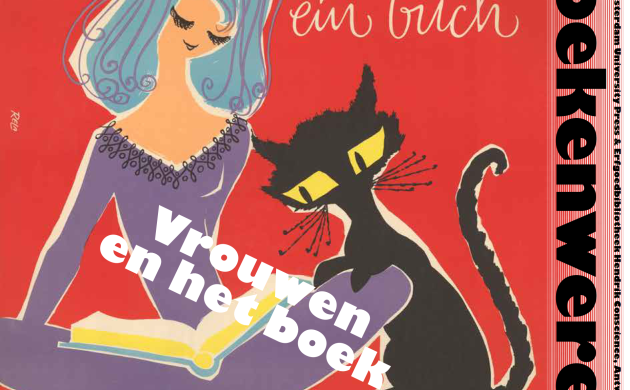 Cover van het tijdschrift De boekenwereld: Vrouwen en het boek (Vrouw leest een boek in kleermakerszit en een zwarte kat kijkt mee van over haar linkerbeen )