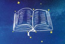 Campagnebeeld Museumnacht: Sterrenbeeld Erfgoedbibliotheek Hendrik Conscience: lijntekening boek met sterrenhemel op achtergrond